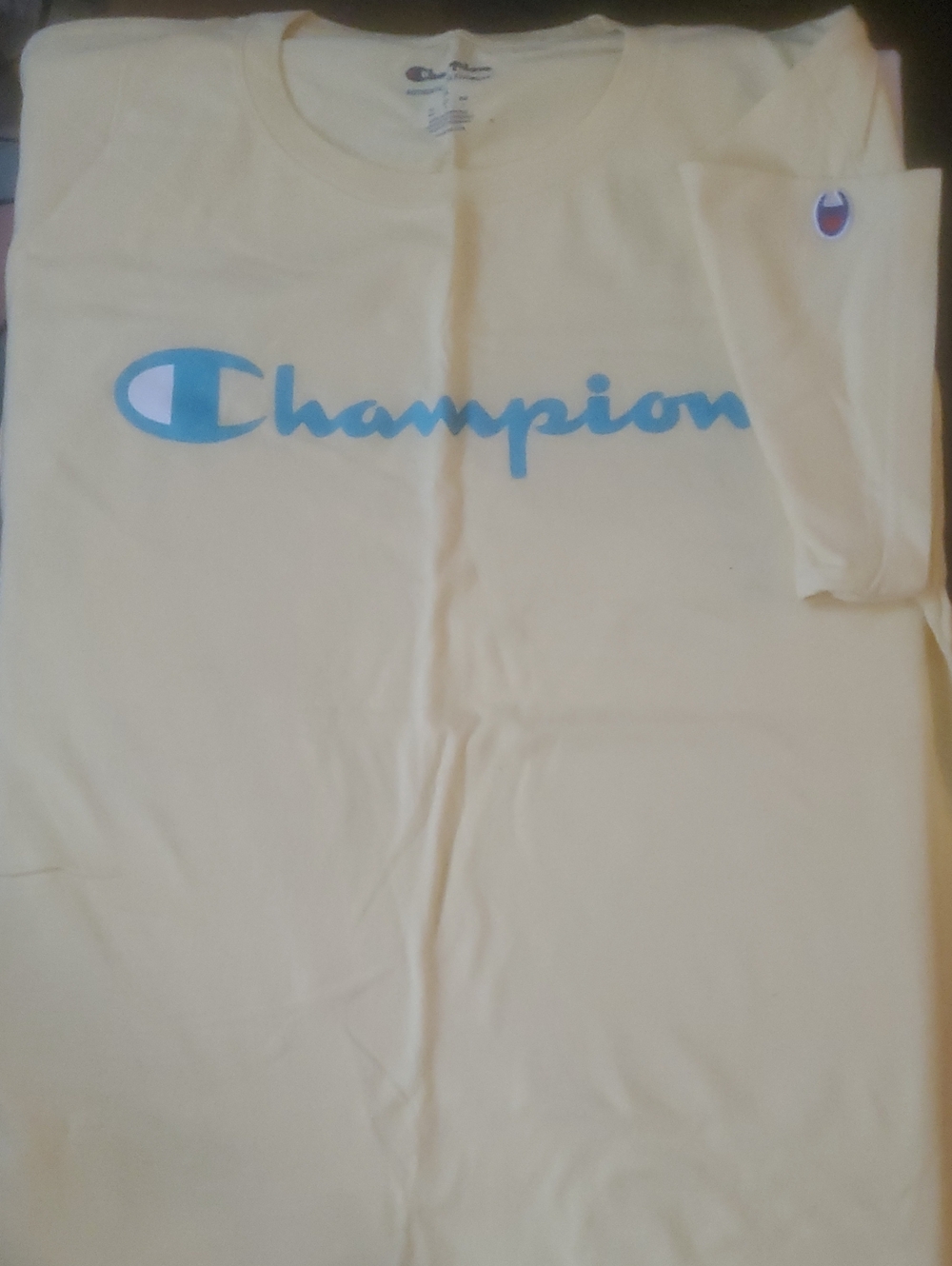 Champion Tee in Pale Yellow with Blue Script